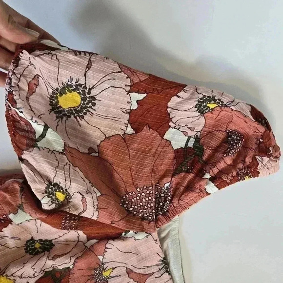 Ann Taylor Loft Coral Large Floral Poppy Square Neck Puff Sleeve Dress 4 - Picture 7 of 15